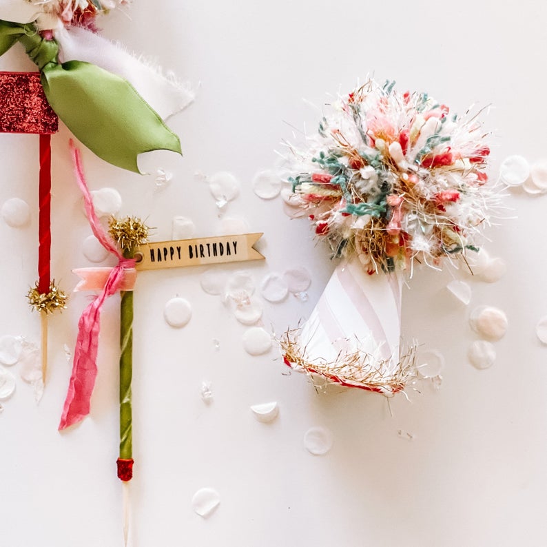 Custom Party Pack: party hat + cake topper + handmade confetti card